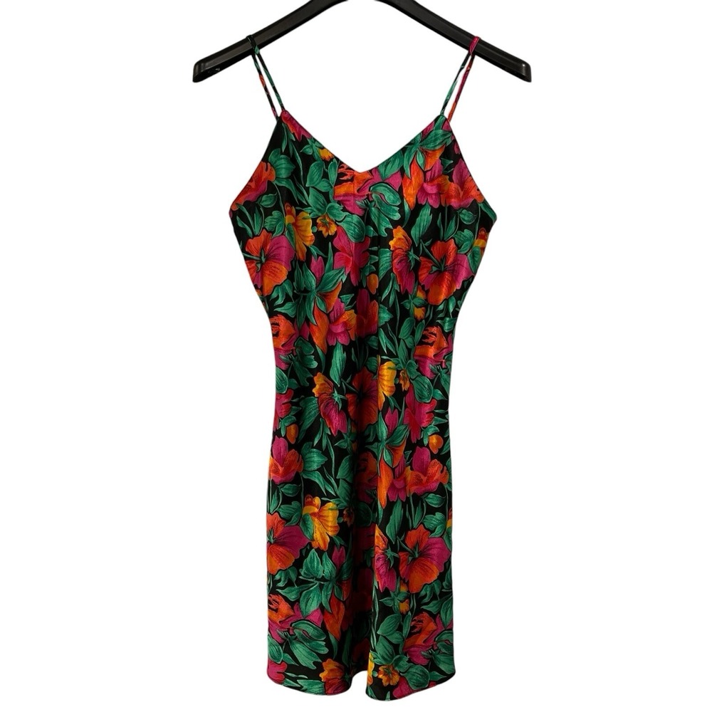 Vintage Erika Taylor Y2K  Slip Dress‎ Floral Satin Mini Tropical Vacation Resort